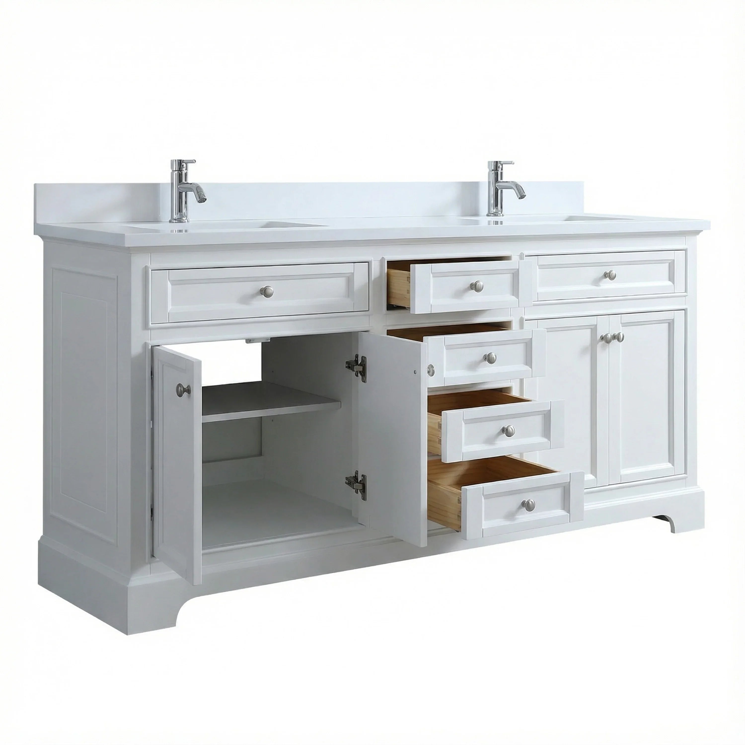 72" White Freestanding Bathroom Vanity with Engineered White Marble Countertop