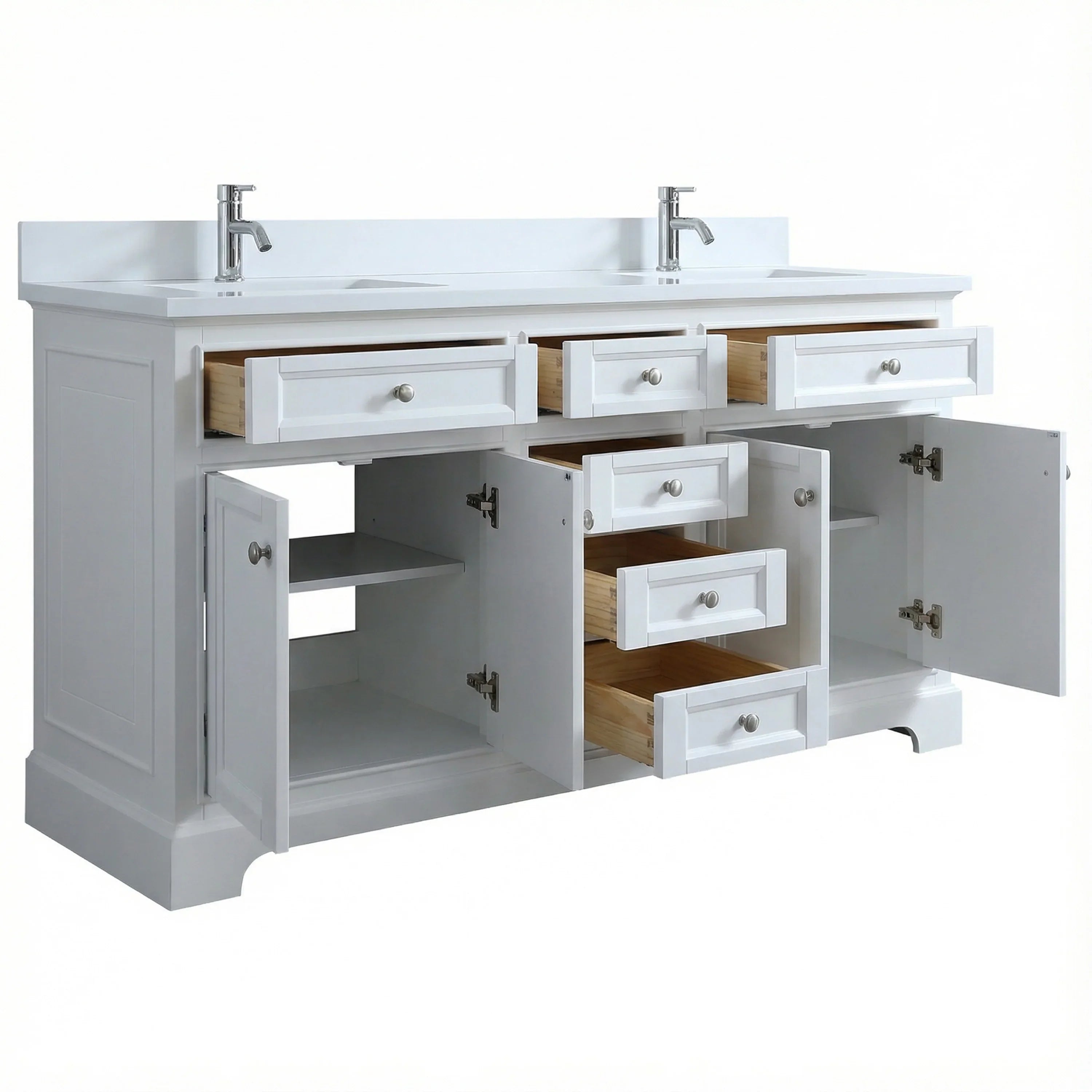 72" White Freestanding Bathroom Vanity with Engineered White Marble Countertop