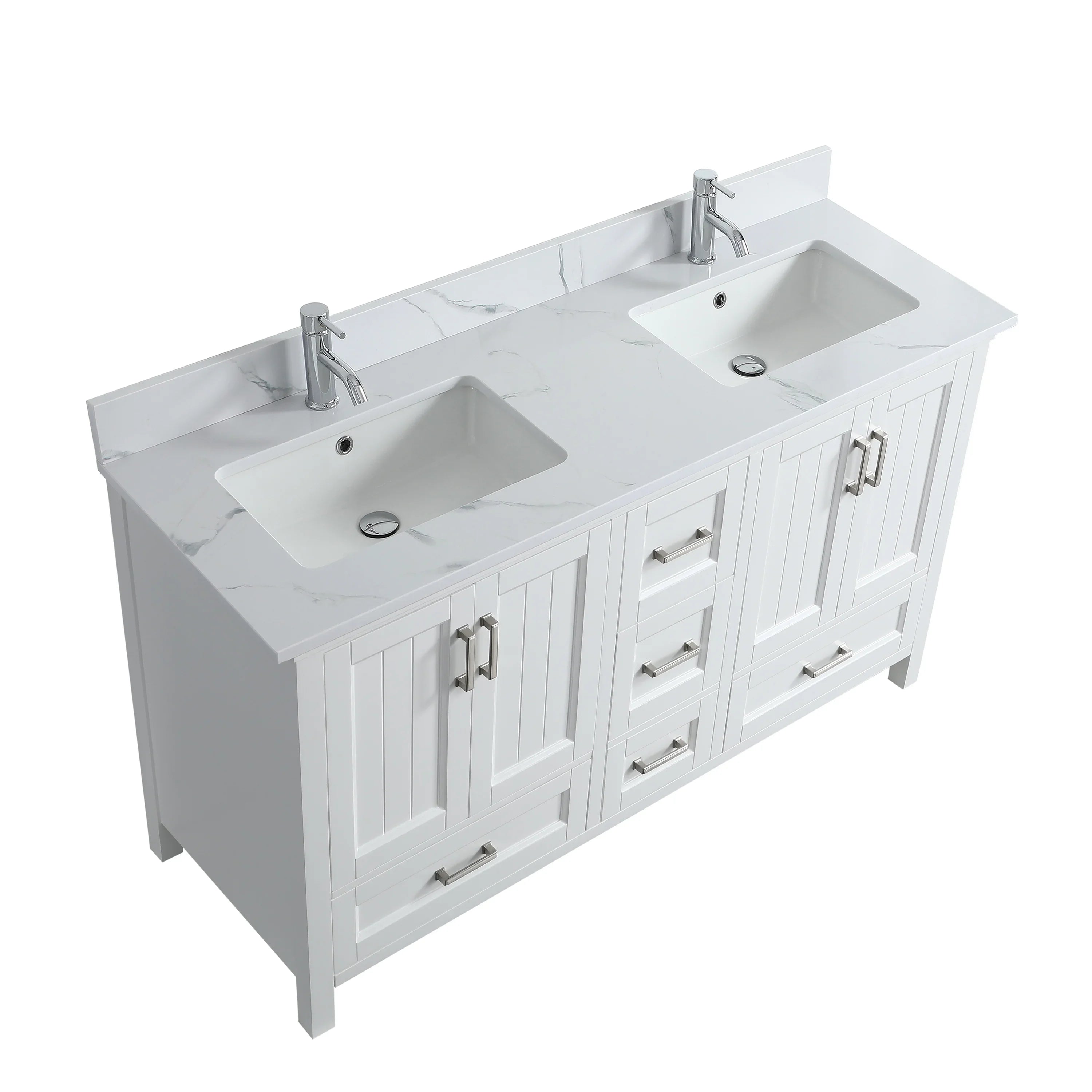 72" White Freestanding Double Sink Bathroom Vanity with Engineered Calcutta Marble Countertop