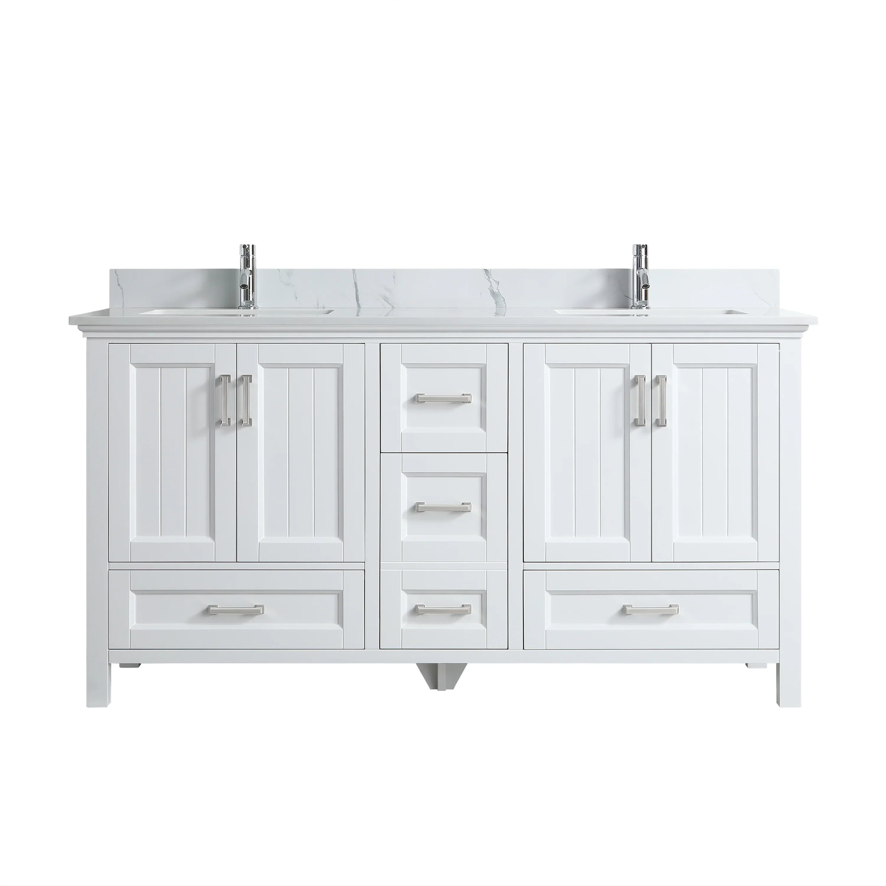 72" White Freestanding Double Sink Bathroom Vanity with Engineered Calcutta Marble Countertop