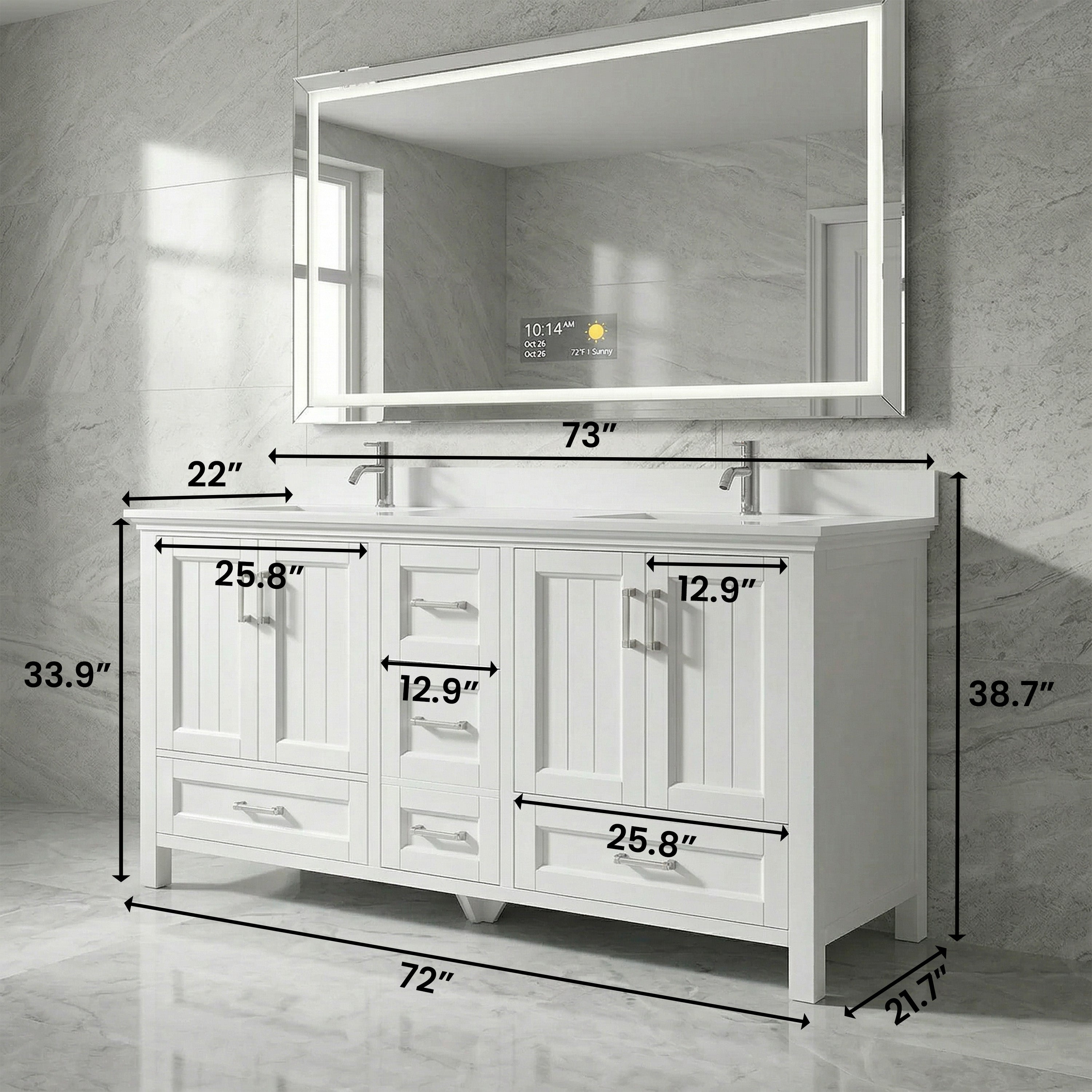 72" White Freestanding Double Sink Bathroom Vanity with Engineered White Marble Countertop