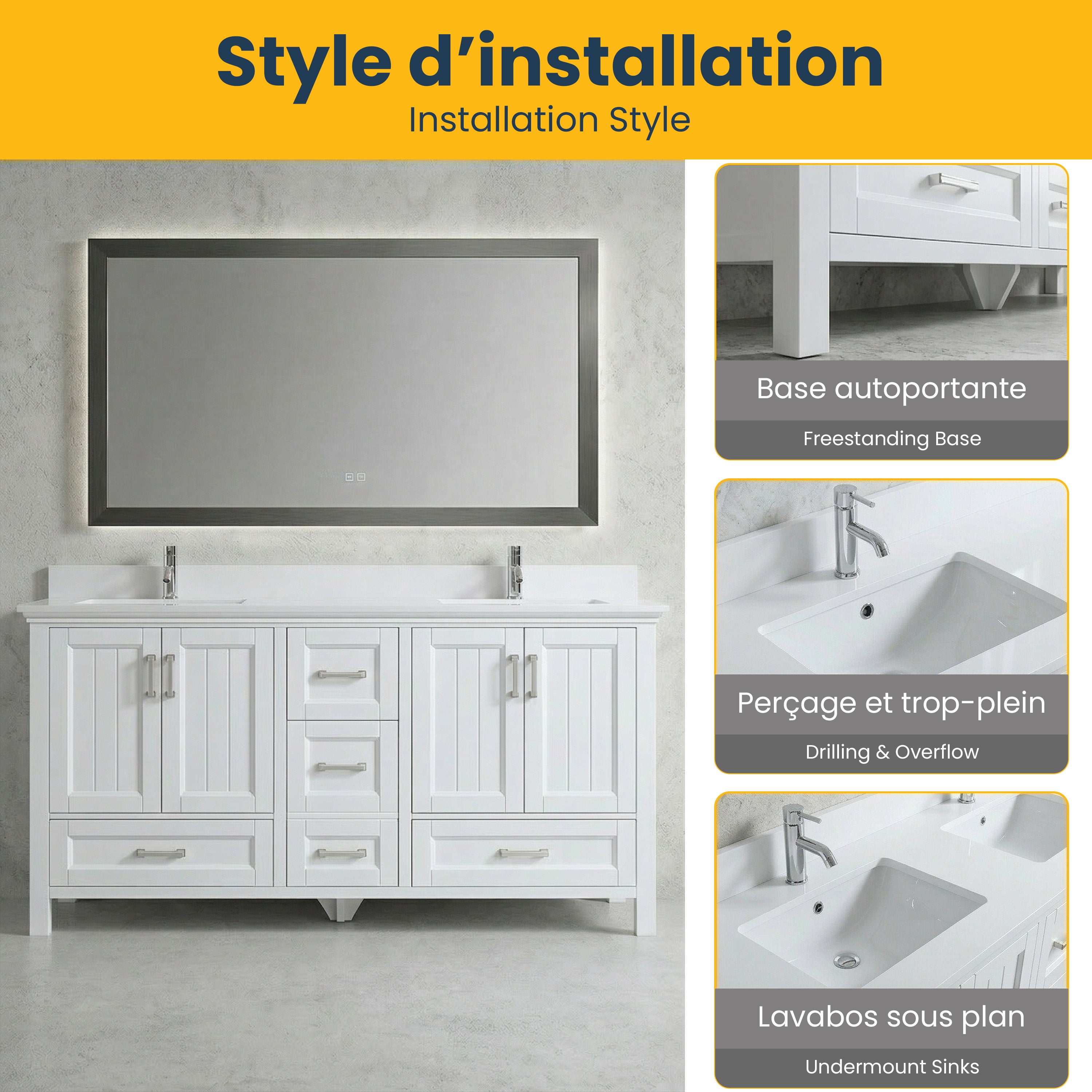 72" White Freestanding Double Sink Bathroom Vanity with Engineered White Marble Countertop