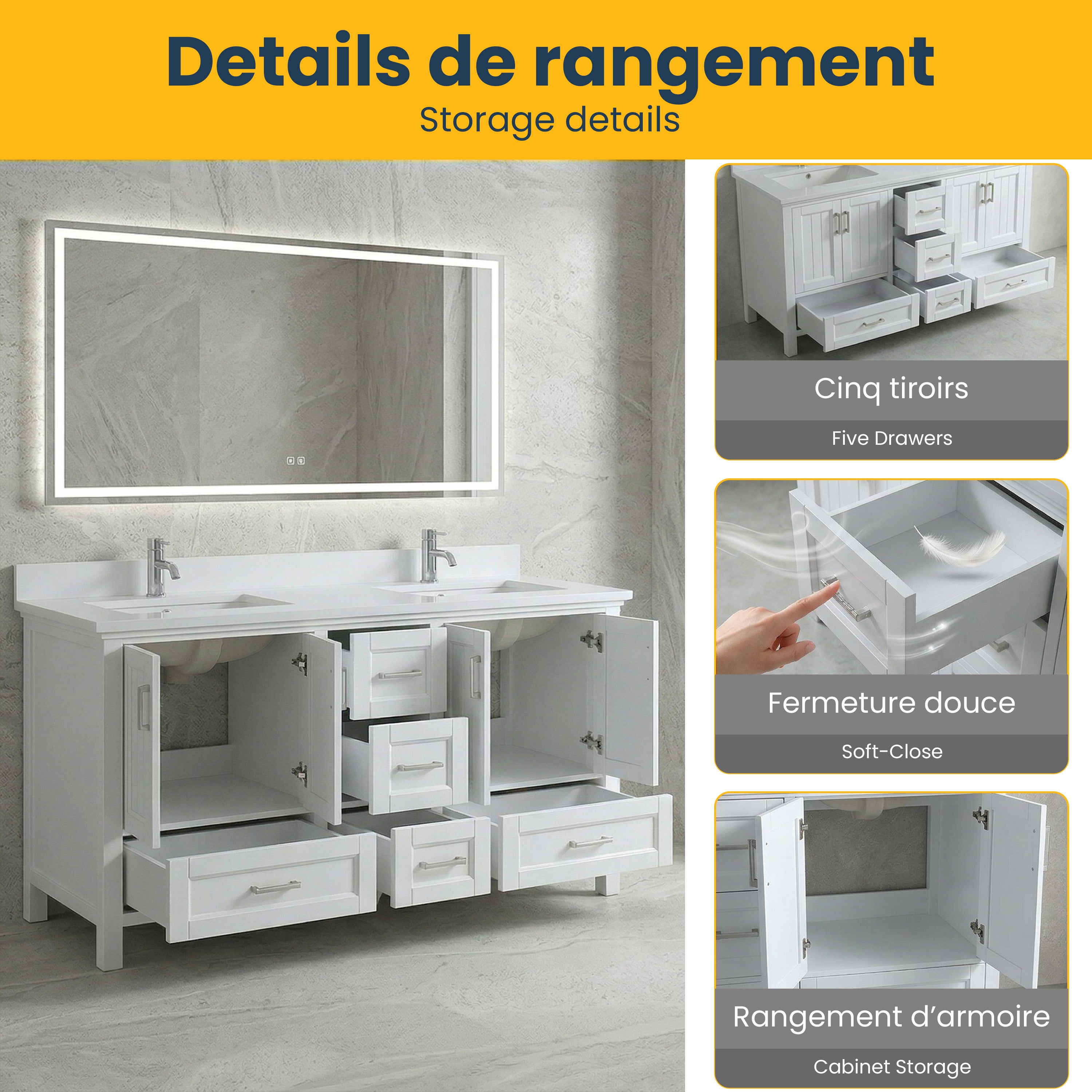 72" White Freestanding Double Sink Bathroom Vanity with Engineered White Marble Countertop