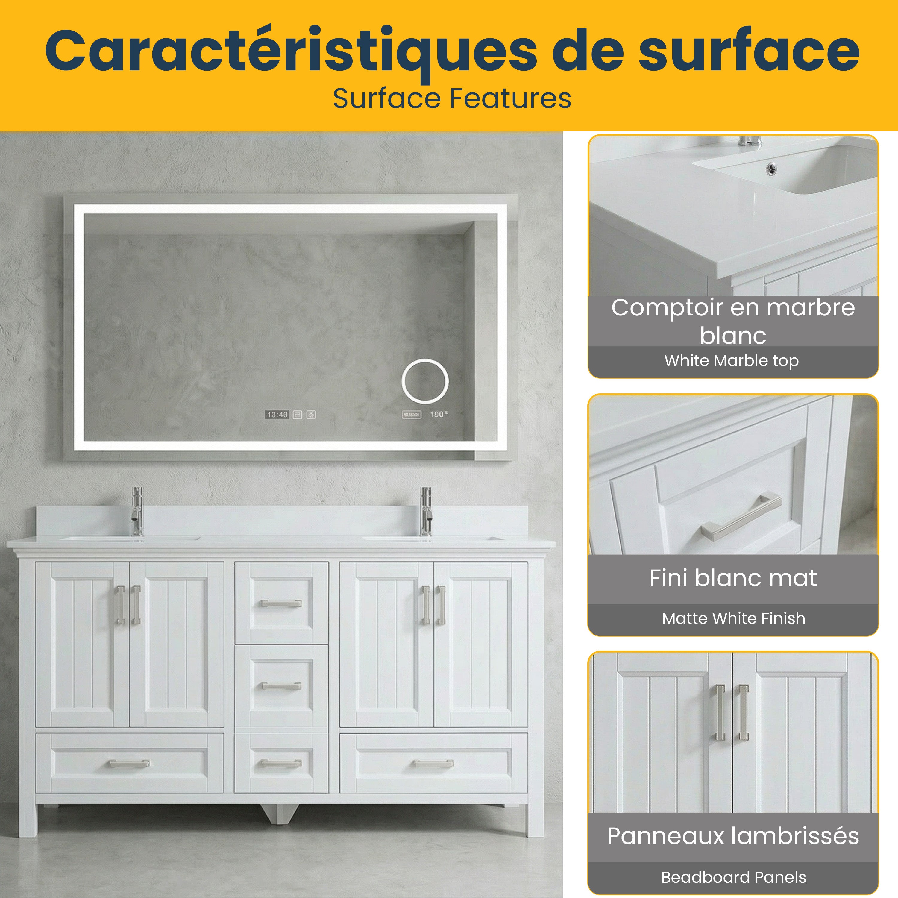 72" White Freestanding Double Sink Bathroom Vanity with Engineered White Marble Countertop