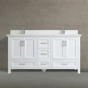 72" White Freestanding Double Sink Bathroom Vanity with Engineered White Marble Countertop