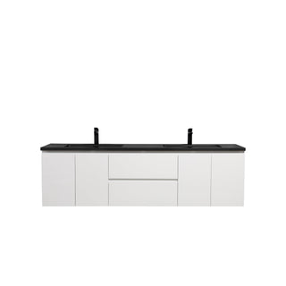 72" White Wall Mount Double Sink Bathroom Vanity with Black Engineered Quartz Countertop