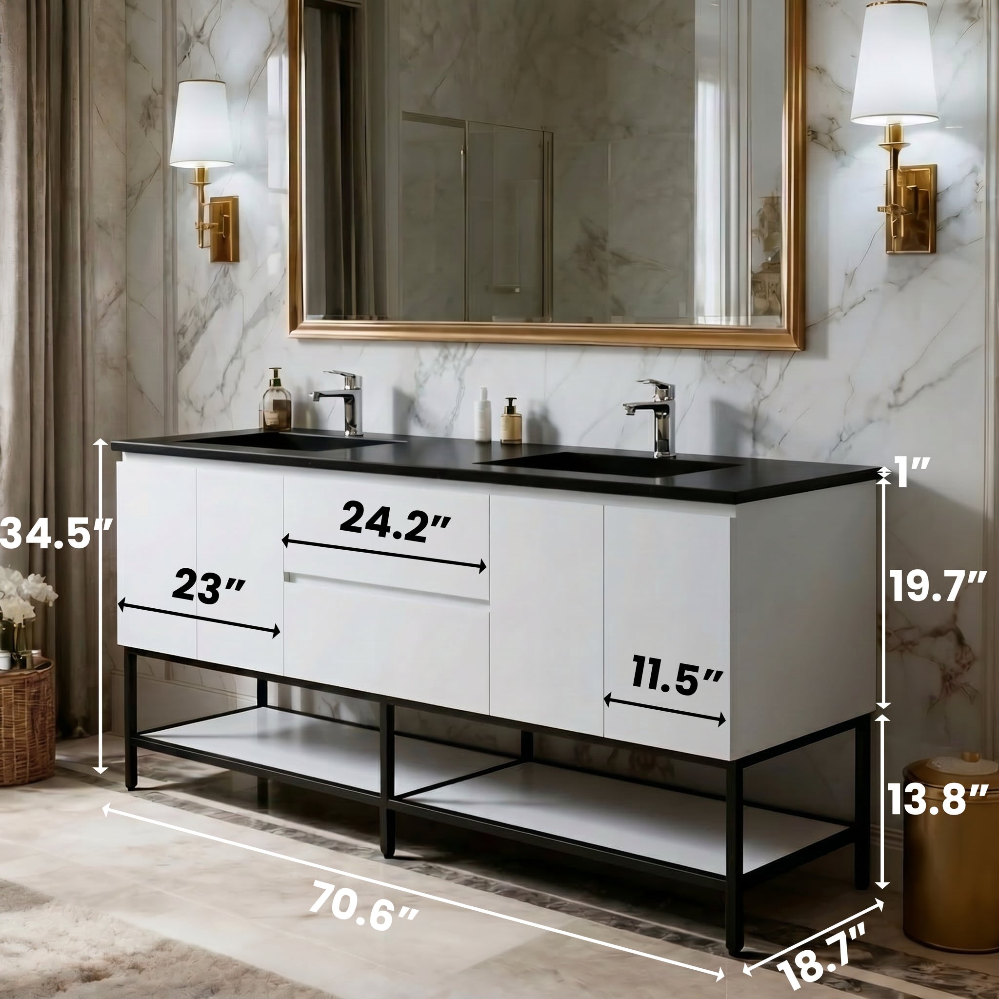 Meuble-Lavabo Mural 72po Blanc avec Comptoir de Quartz d'ingénierie Noir