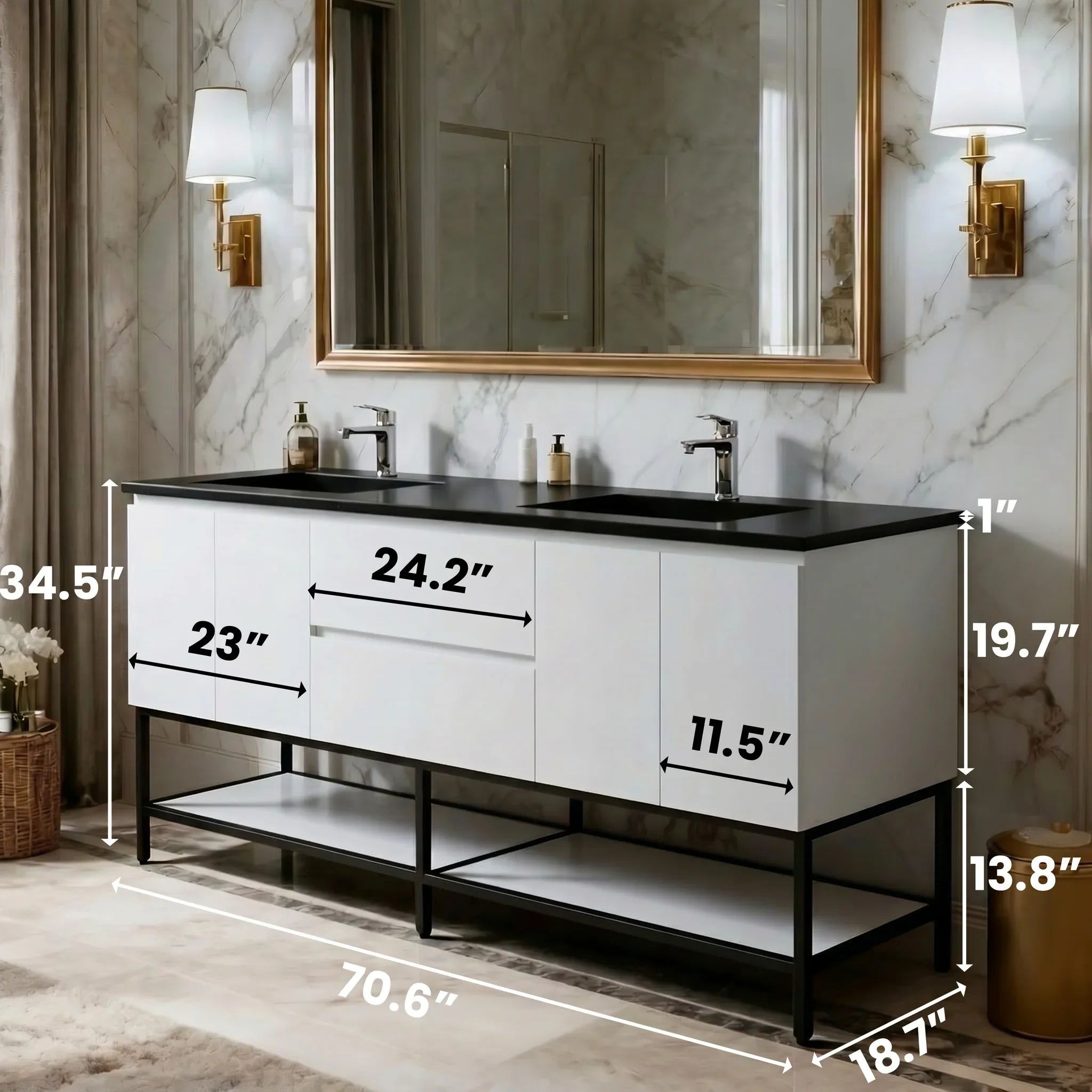 72" White Wall Mount Double Sink Bathroom Vanity with Black Engineered Quartz Countertop