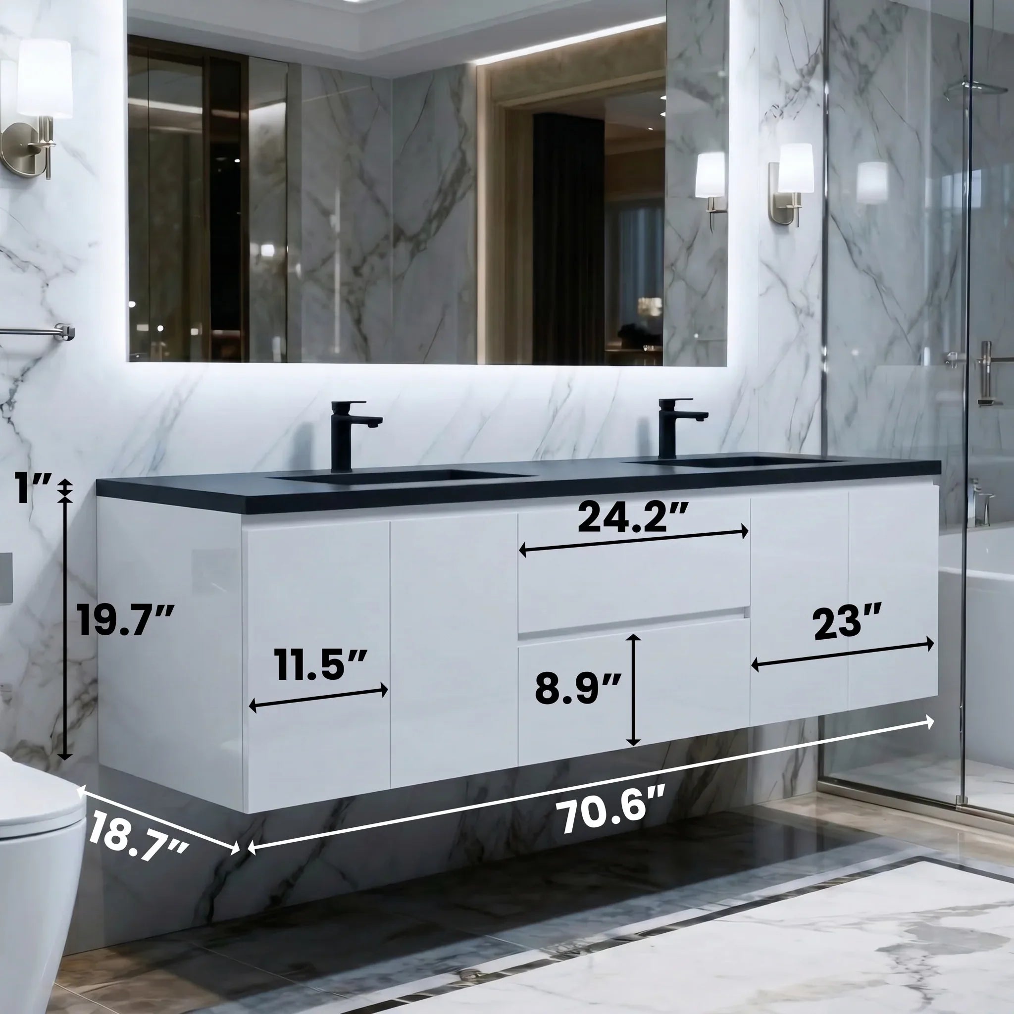 72" White Wall Mount Double Sink Bathroom Vanity with Black Engineered Quartz Countertop