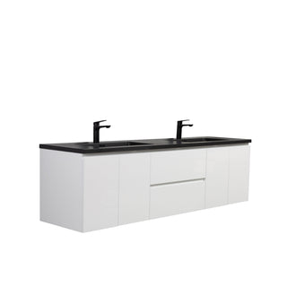 72" White Wall Mount Double Sink Bathroom Vanity with Black Engineered Quartz Countertop