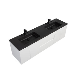 72" White Wall Mount Double Sink Bathroom Vanity with Black Engineered Quartz Countertop