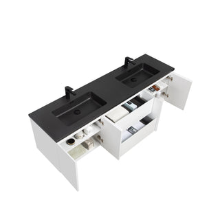 72" White Wall Mount Double Sink Bathroom Vanity with Black Engineered Quartz Countertop