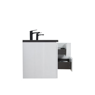 72" White Wall Mount Double Sink Bathroom Vanity with Black Engineered Quartz Countertop