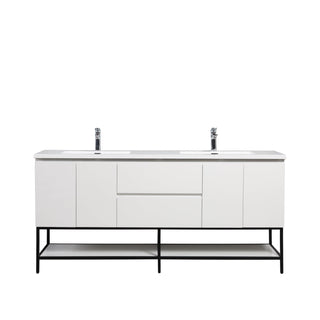 72" White Wall Mount Double Sink Bathroom Vanity with White Polymarble Countertop