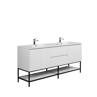 72" White Wall Mount Double Sink Bathroom Vanity with White Polymarble Countertop