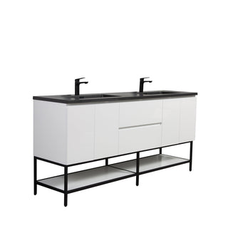 72" White Wall Mount Double Sink Bathroom Vanity with Black Engineered Quartz Countertop