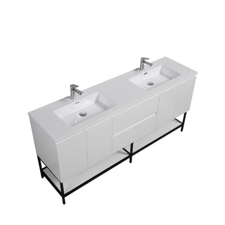 72" White Wall Mount Double Sink Bathroom Vanity with White Polymarble Countertop