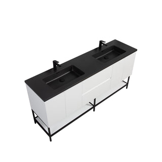 72" White Wall Mount Double Sink Bathroom Vanity with Black Engineered Quartz Countertop