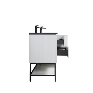 72" White Wall Mount Double Sink Bathroom Vanity with Black Engineered Quartz Countertop