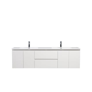 72" White Wall Mount Double Sink Bathroom Vanity with White Polymarble Countertop