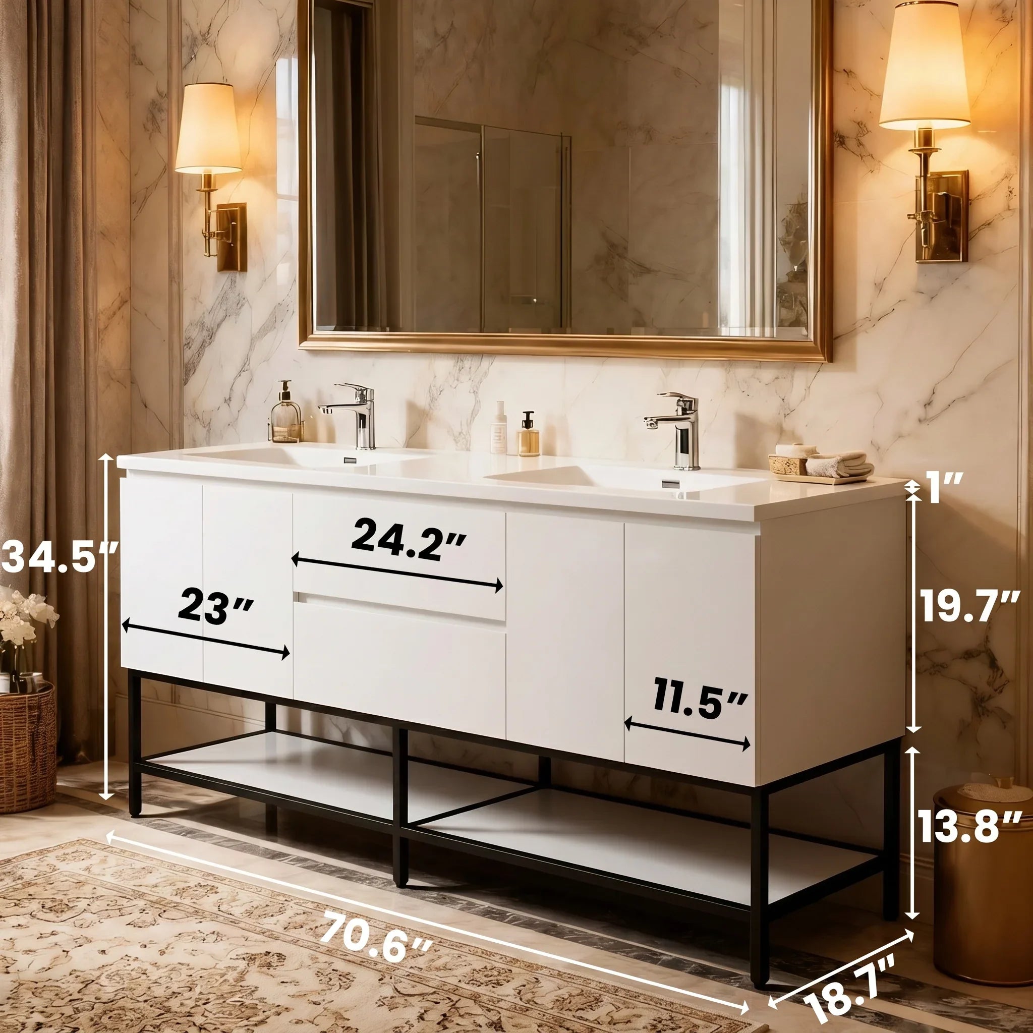 72" White Wall Mount Double Sink Bathroom Vanity with White Polymarble Countertop