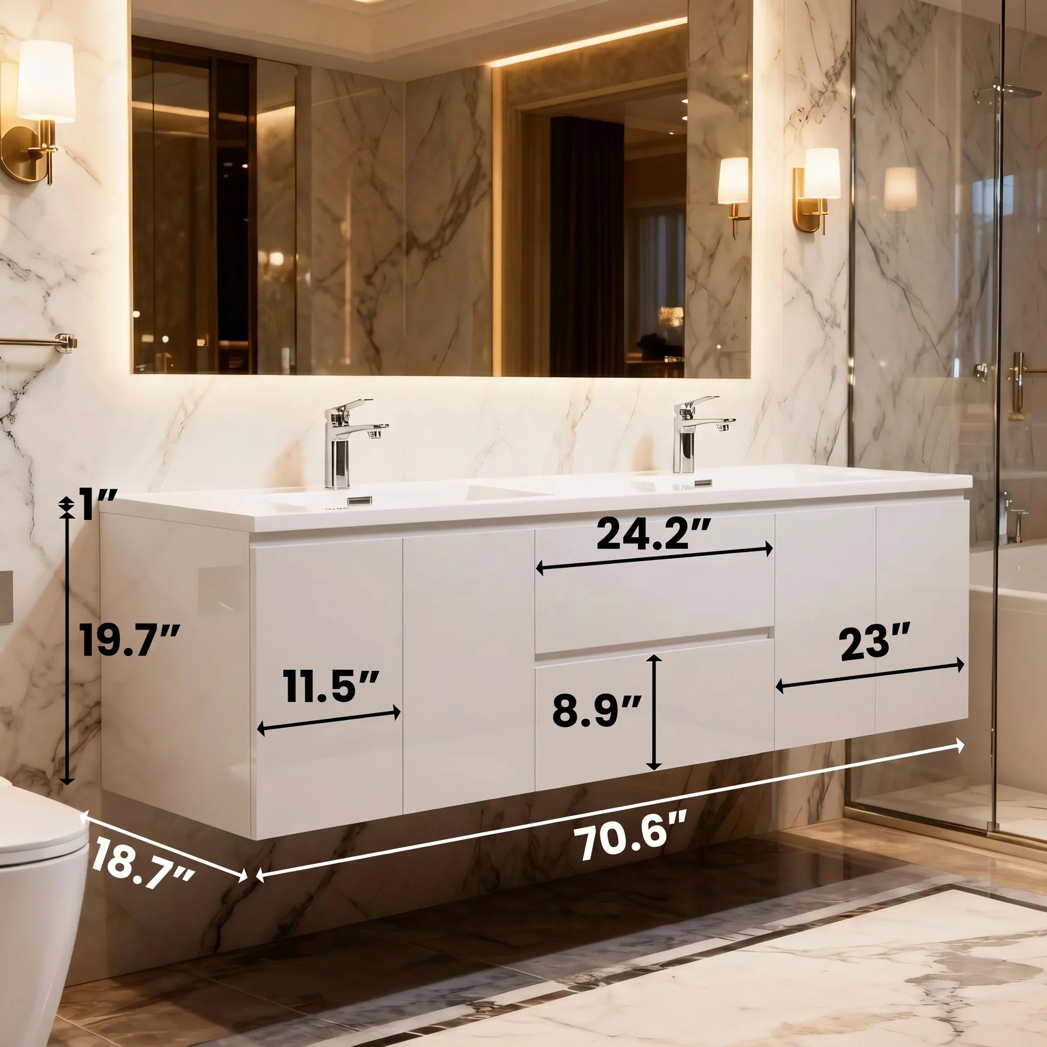 72" White Wall Mount Double Sink Bathroom Vanity with White Polymarble Countertop