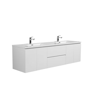 72" White Wall Mount Double Sink Bathroom Vanity with White Polymarble Countertop