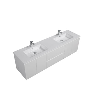 72" White Wall Mount Double Sink Bathroom Vanity with White Polymarble Countertop