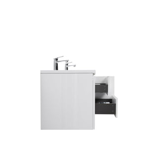 72" White Wall Mount Double Sink Bathroom Vanity with White Polymarble Countertop