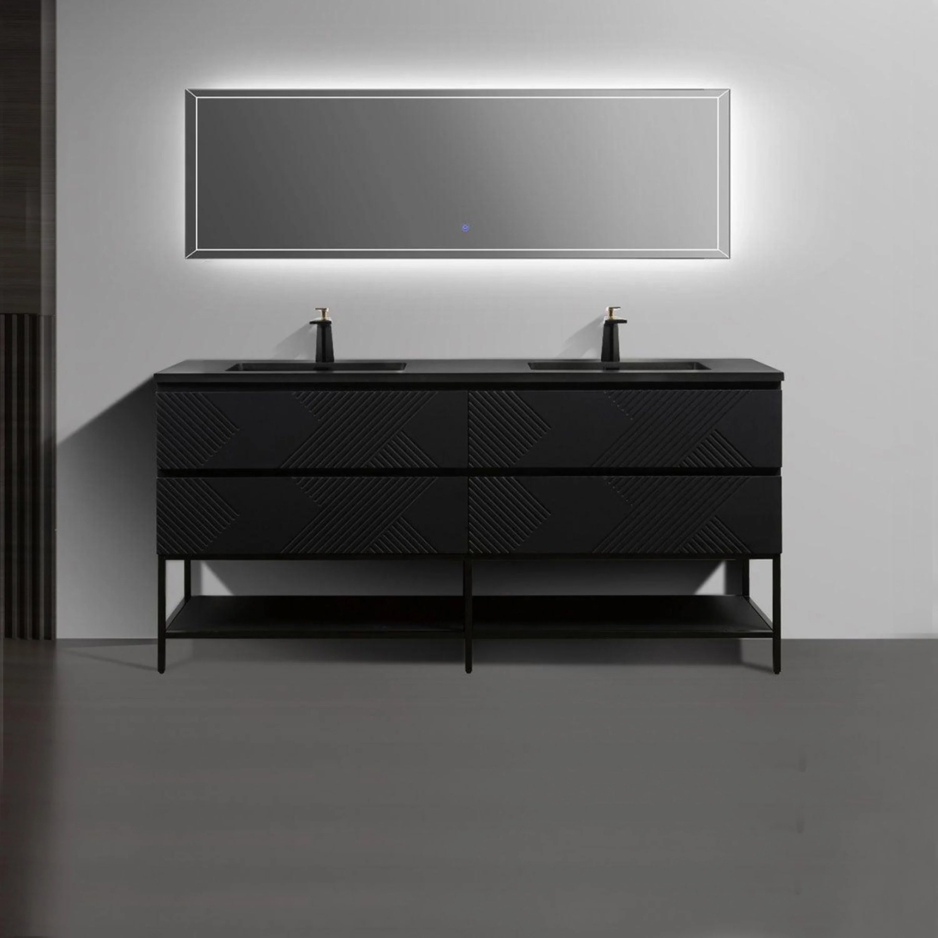 Meuble-Lavabo Double Mural 72po Noir avec Comptoir de Quartz d'ingénierie Noir