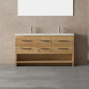 72" Rough Oak Freestanding Double Sink Bathroom Vanity with White Polymarble Countertop