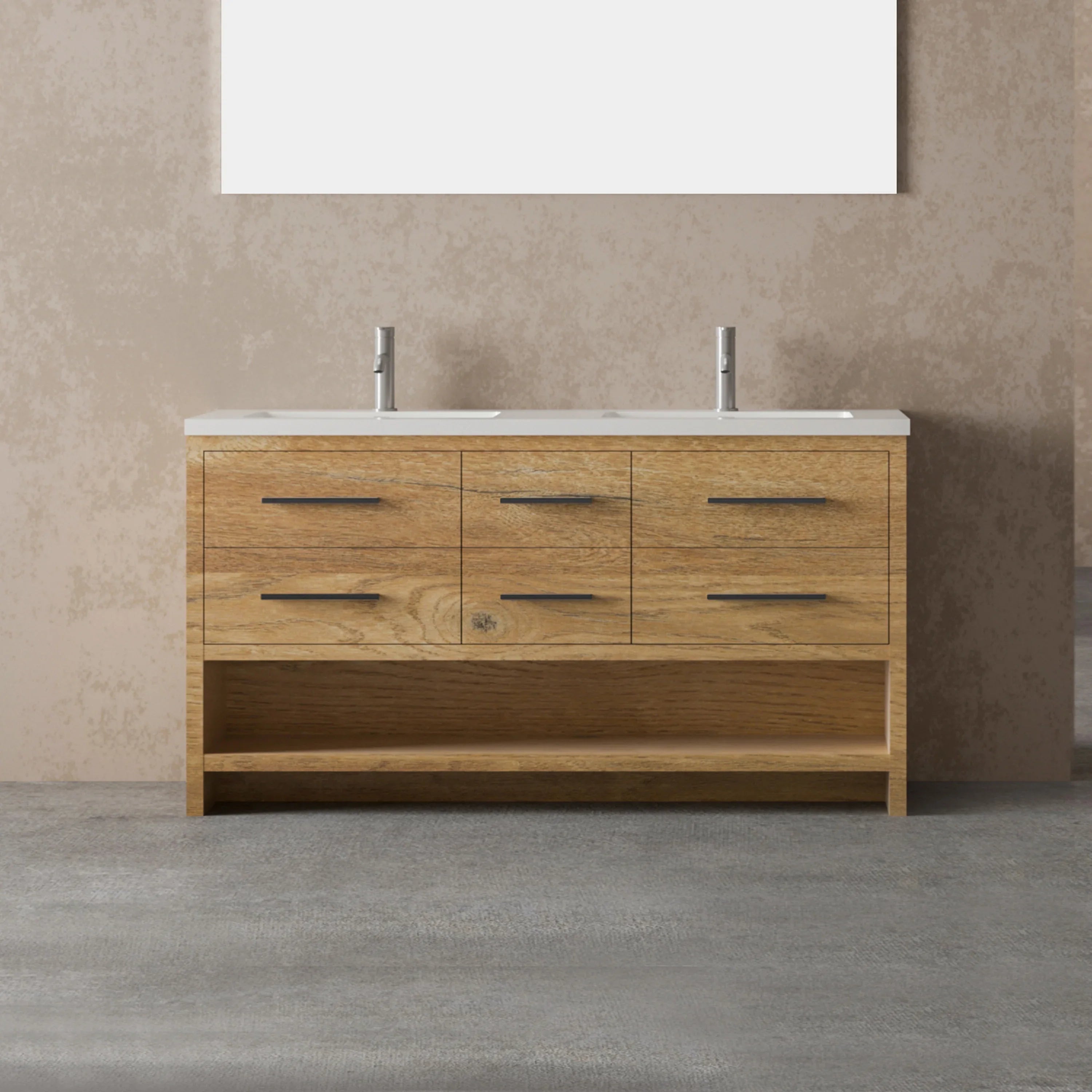 72" Rough Oak Freestanding Double Sink Bathroom Vanity with White Polymarble Countertop