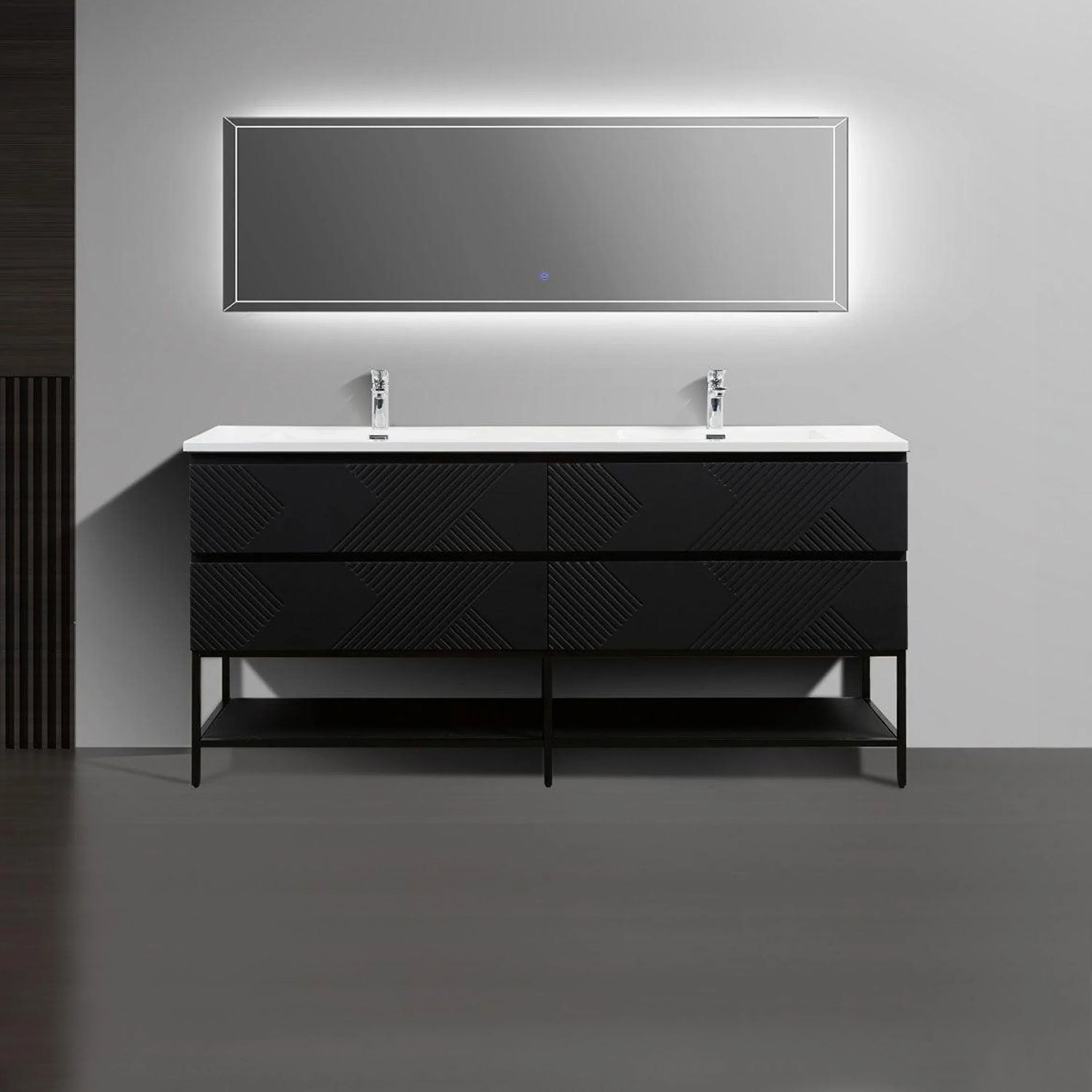 Meuble-lavabo double noir de 72" à fixer au mur avec Comptoir en polymarbre blanc