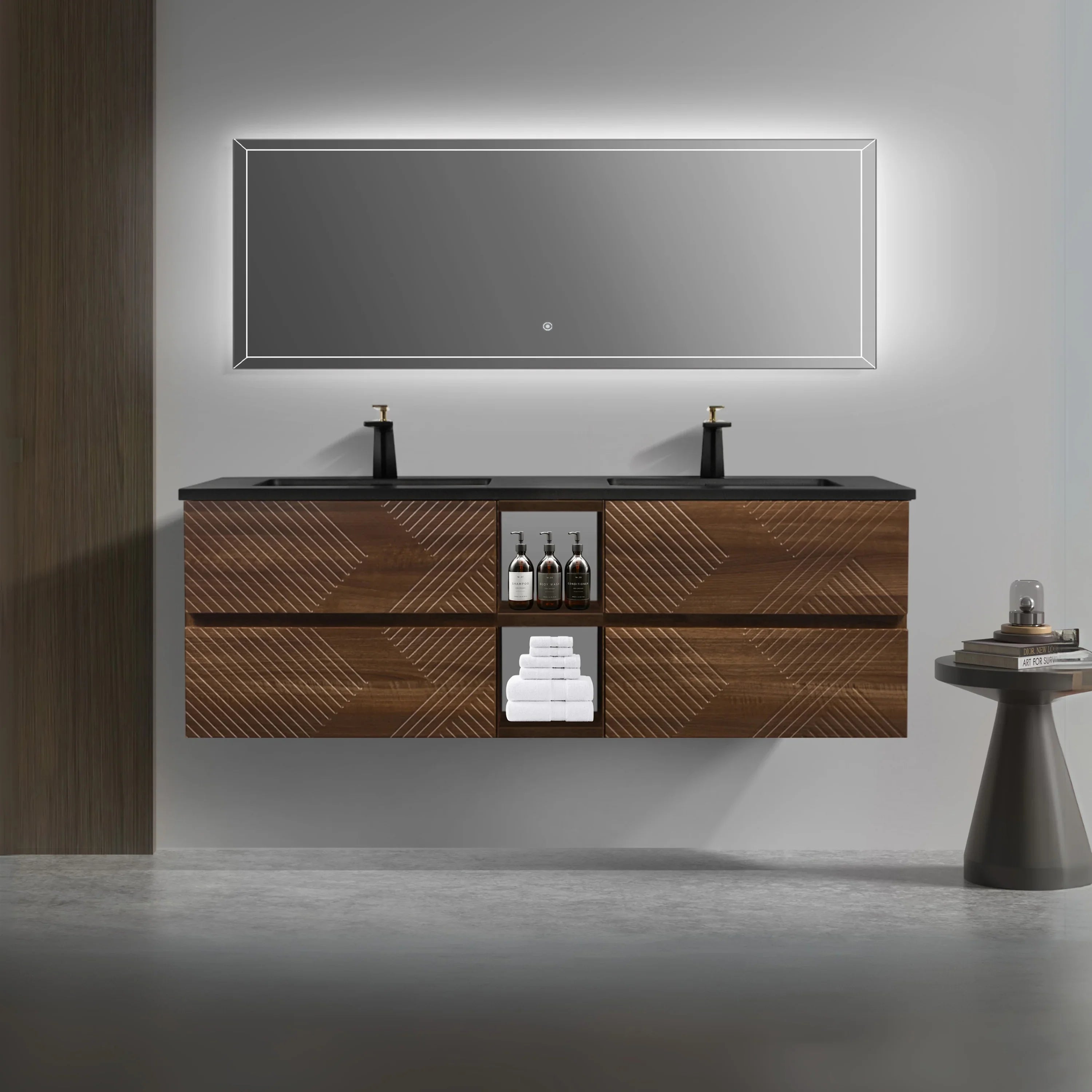 72" Walnut Wall Mount Double Sink Bathroom Vanity with Black Engineered Quartz Countertop