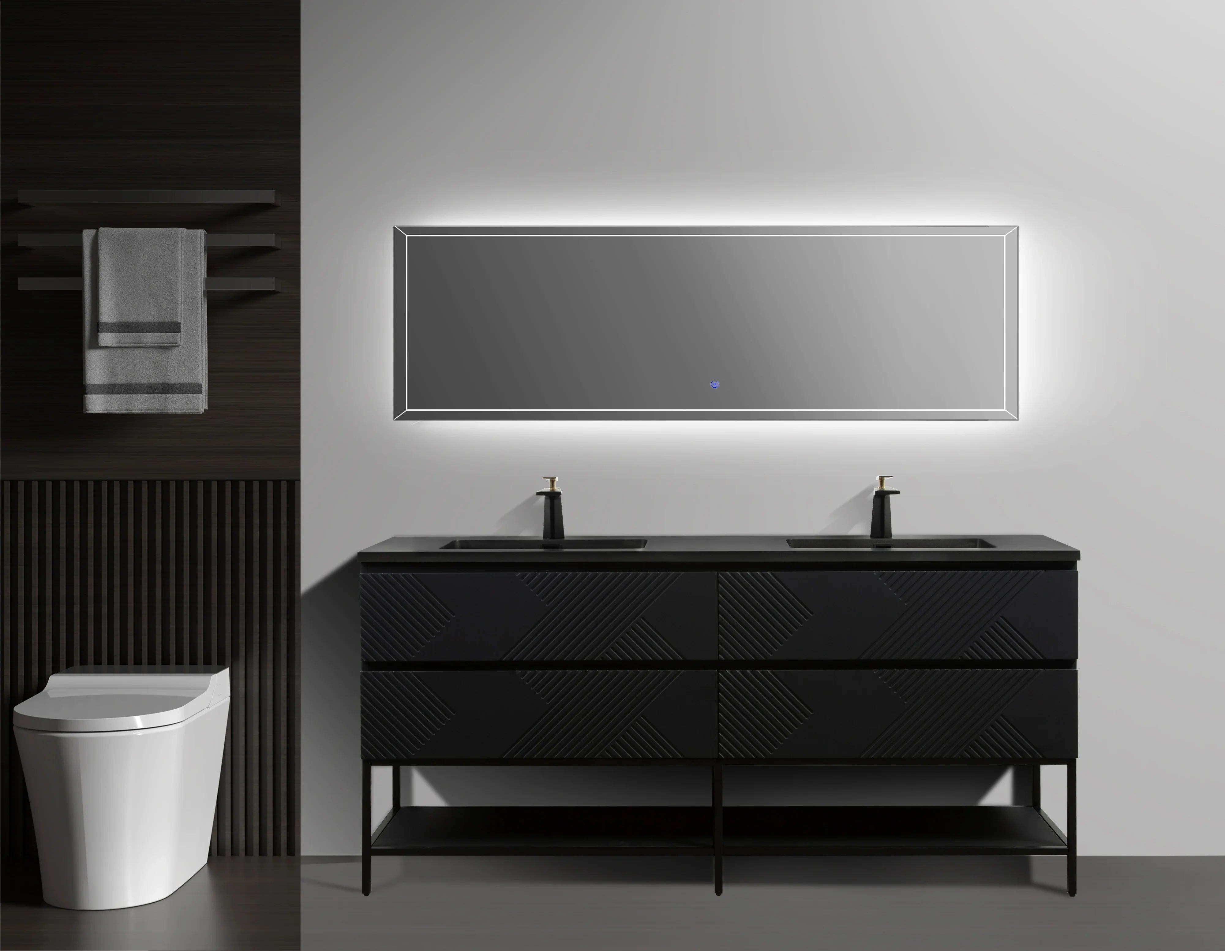 Meuble-Lavabo Double Mural 72po Noir avec Comptoir de Quartz d'ingénierie Noir