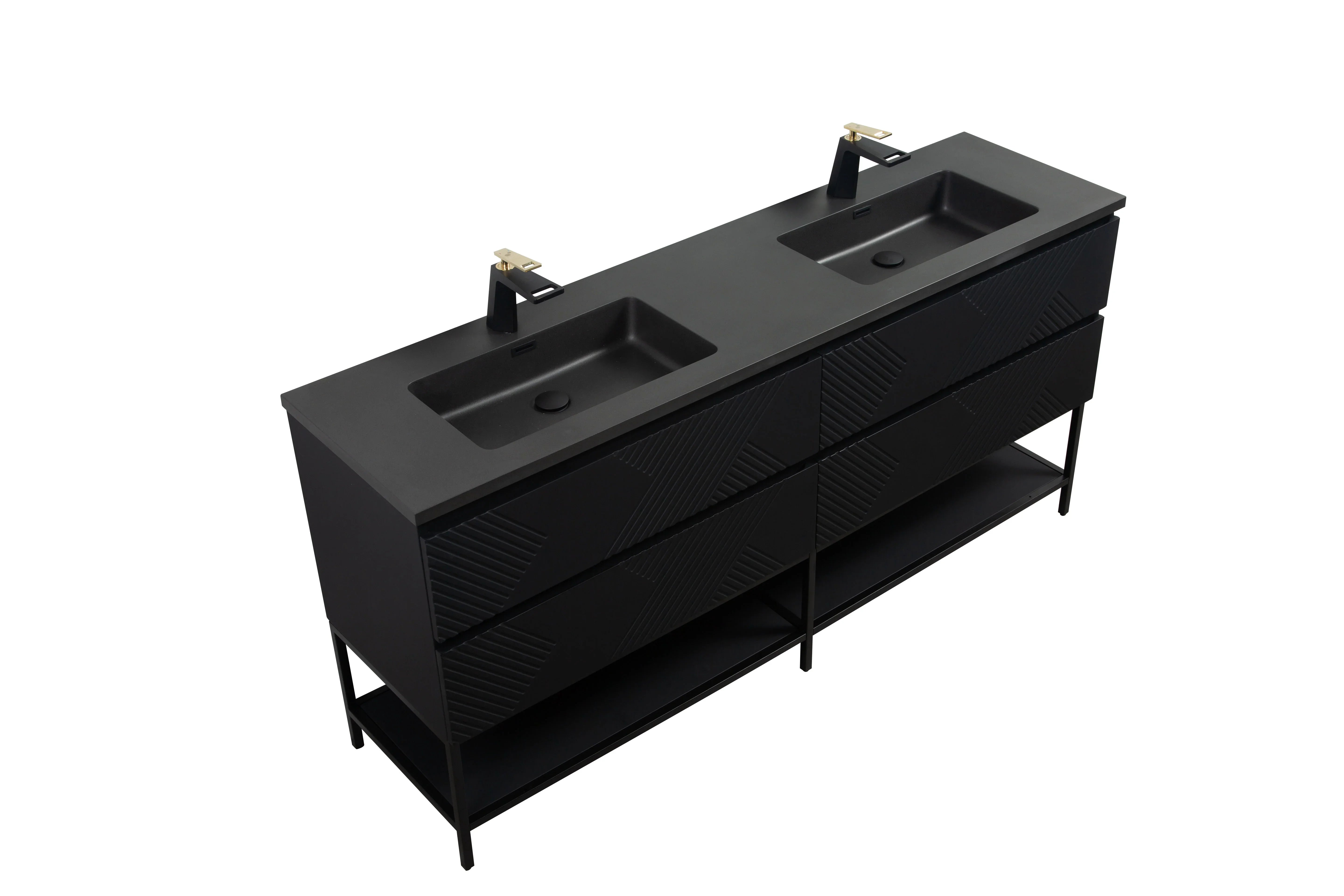Meuble-Lavabo Double Mural 72po Noir avec Comptoir de Quartz d'ingénierie Noir