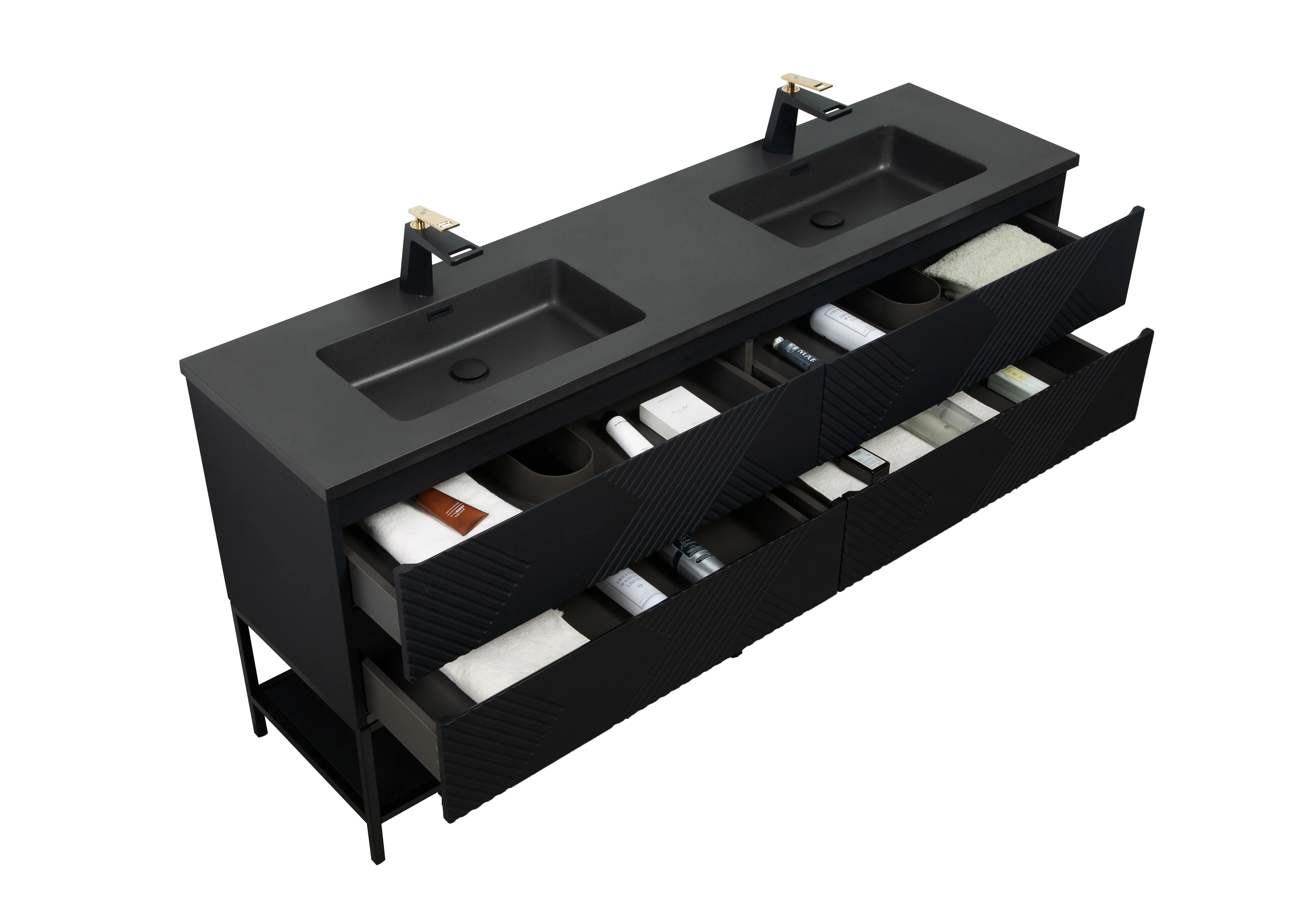 Meuble-Lavabo Double Mural 72po Noir avec Comptoir de Quartz d'ingénierie Noir