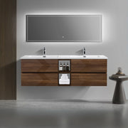72" Walnut Wall Mount Double Sink Bathroom Vanity with White Polymarble Countertop