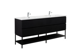 72" Black Wall Mount Double Sink Bathroom Vanity with White Polymarble Countertop
