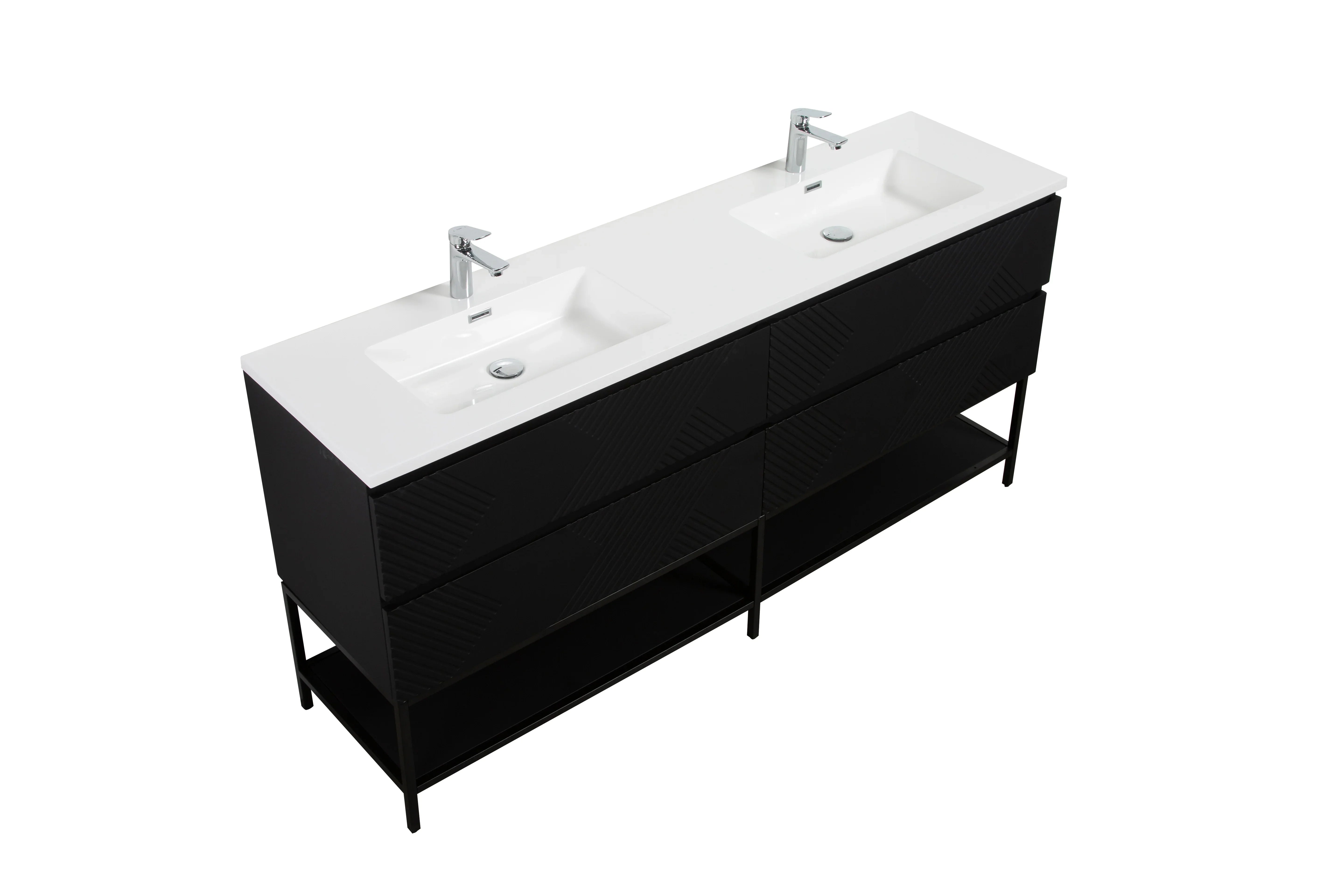 Meuble-lavabo double noir de 72" à fixer au mur avec Comptoir en polymarbre blanc