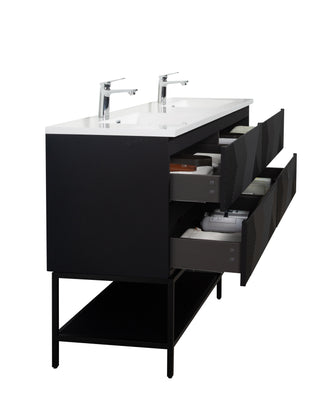 72" Black Wall Mount Double Sink Bathroom Vanity with White Polymarble Countertop