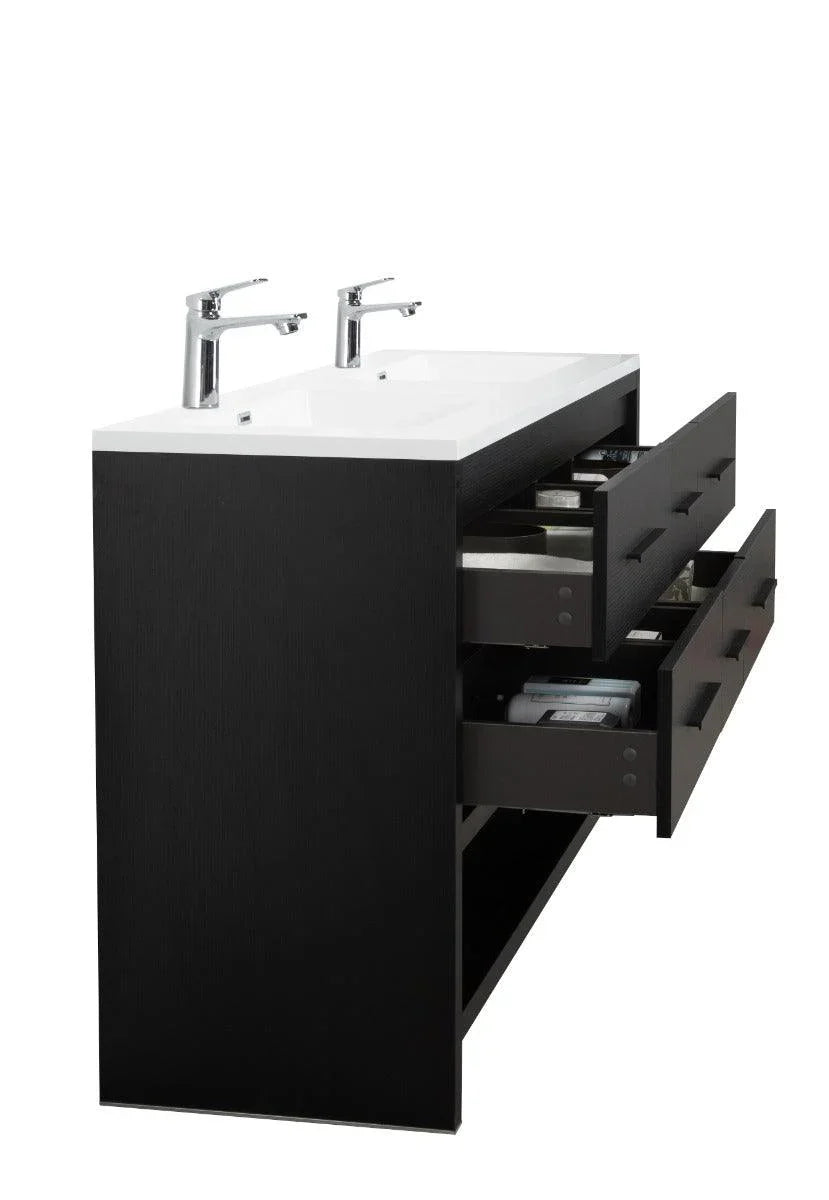 72" Black Rough Oak Freestanding Double Sink Bathroom Vanity with White Polymarble Countertop - Golden Elite Deco