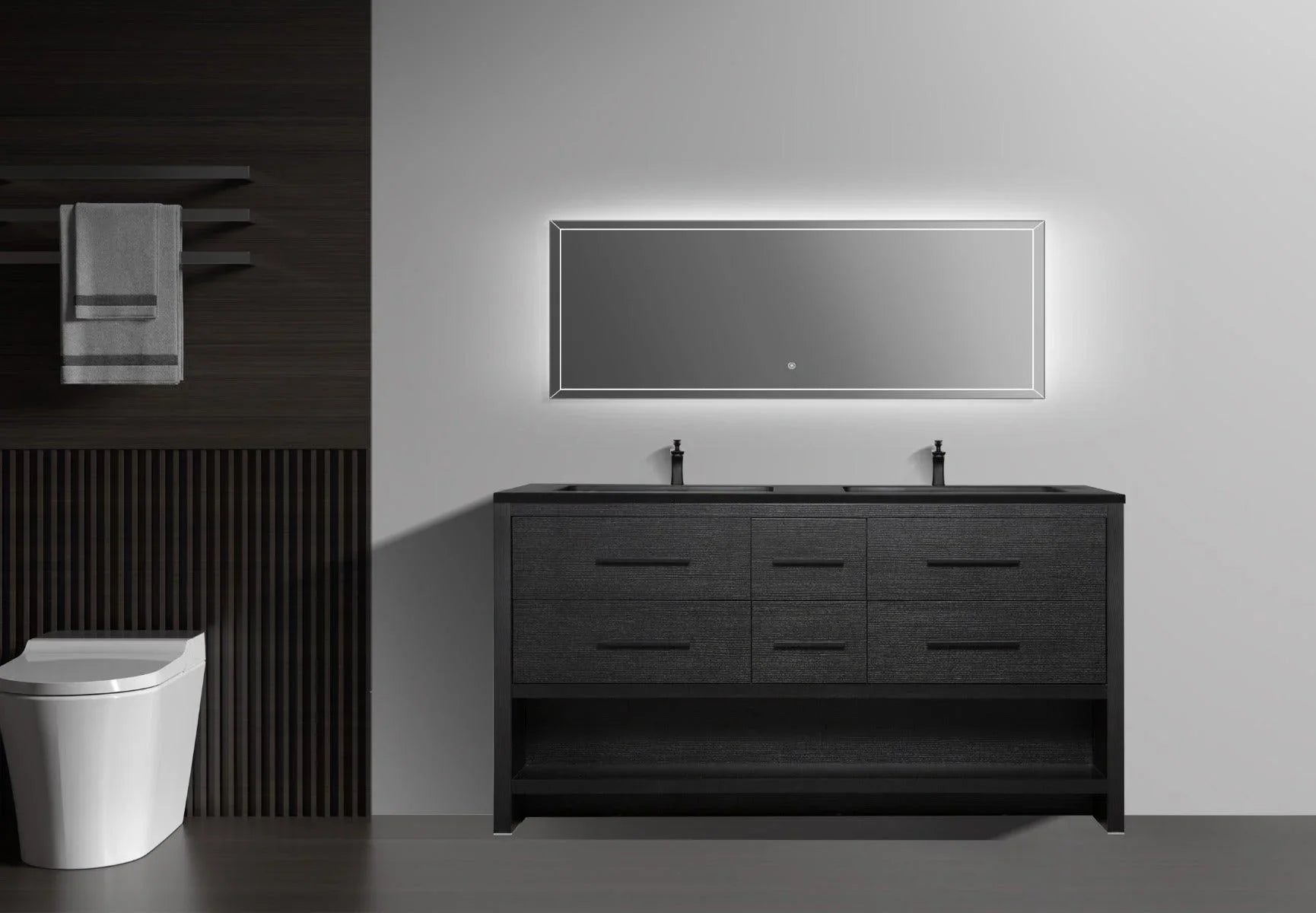 72" Black Rough Oak Freestanding Bathroom Vanity with Black Engineered Quartz Countertop - Golden Elite Deco