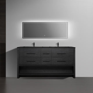 72" Black Rough Oak Freestanding Bathroom Vanity with Black Engineered Quartz Countertop - Golden Elite Deco