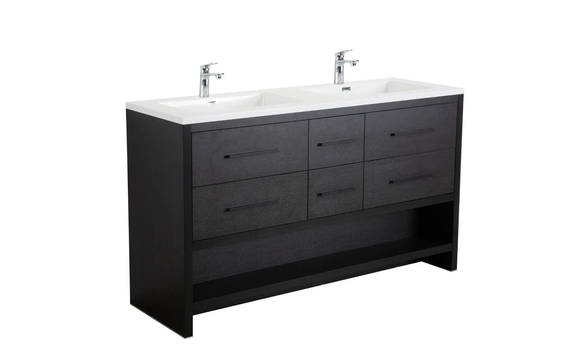 72" Black Rough Oak Freestanding Double Sink Bathroom Vanity with White Polymarble Countertop - Golden Elite Deco