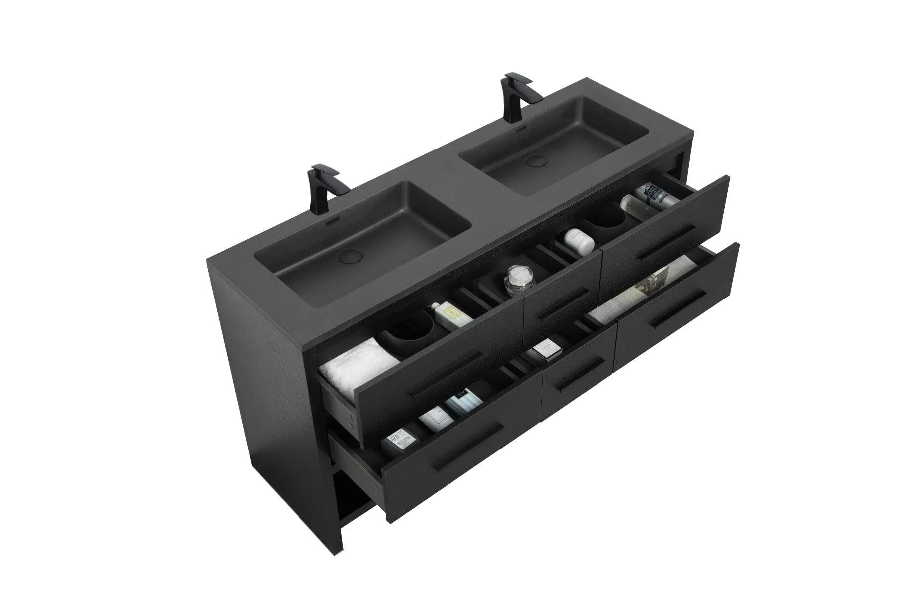 72" Black Rough Oak Freestanding Bathroom Vanity with Black Engineered Quartz Countertop - Golden Elite Deco