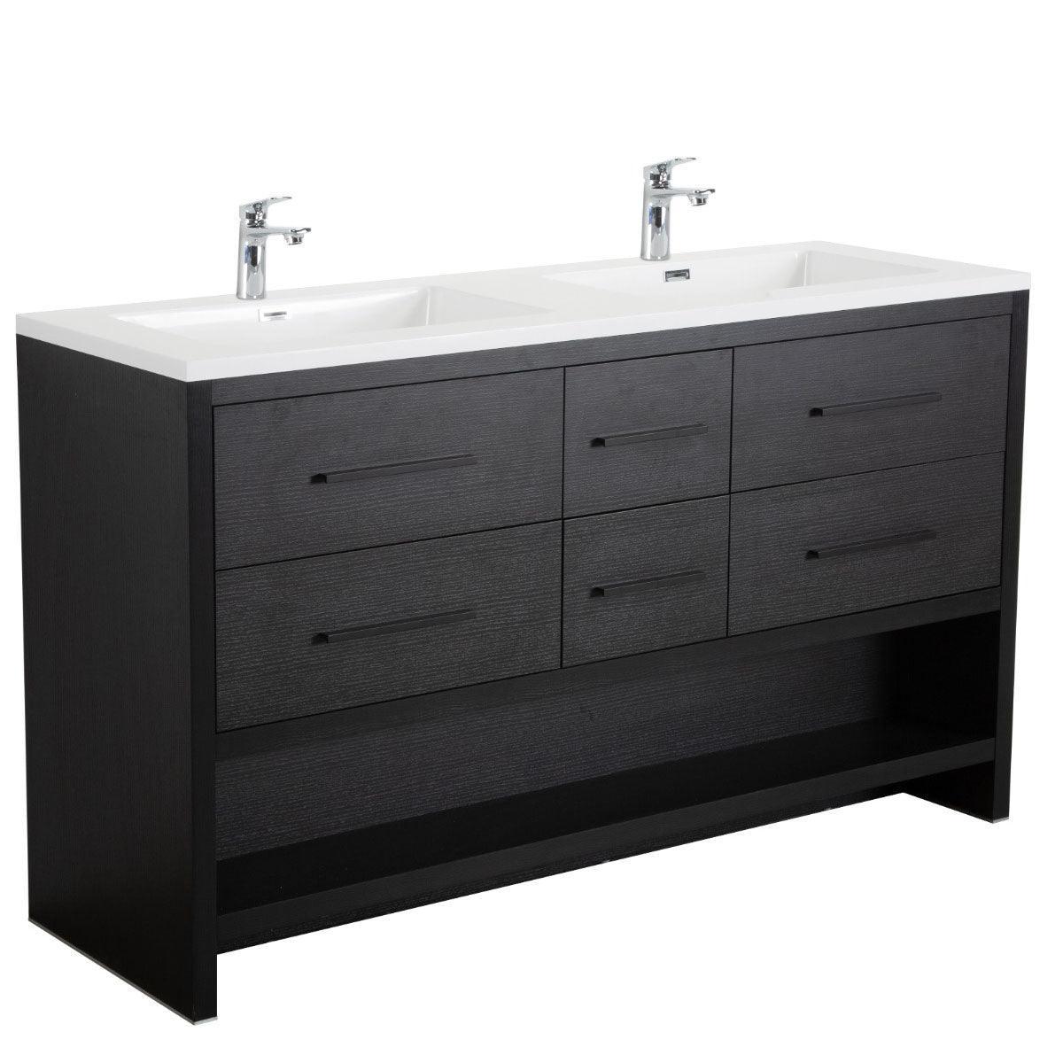 72" Black Rough Oak Freestanding Double Sink Bathroom Vanity with White Polymarble Countertop - Golden Elite Deco