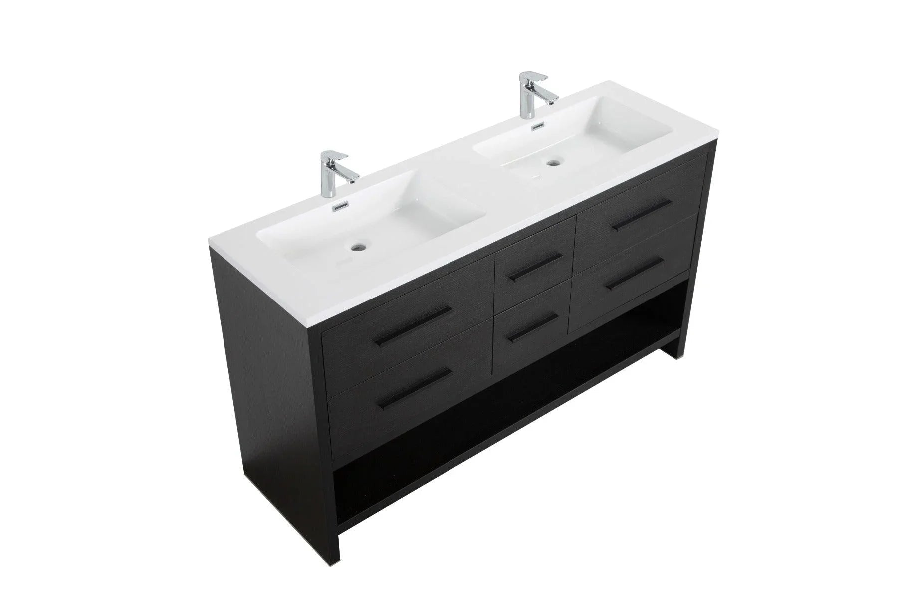 72" Black Rough Oak Freestanding Double Sink Bathroom Vanity with White Polymarble Countertop - Golden Elite Deco