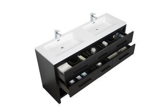 72" Black Rough Oak Freestanding Double Sink Bathroom Vanity with White Polymarble Countertop - Golden Elite Deco