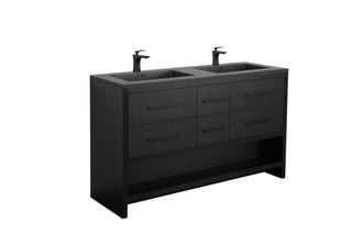 72" Black Rough Oak Freestanding Bathroom Vanity with Black Engineered Quartz Countertop - Golden Elite Deco